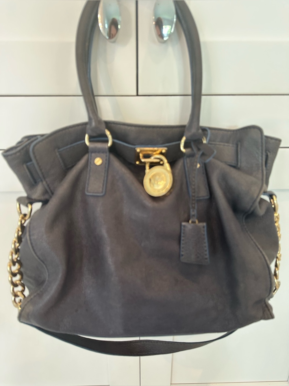 Michael Kors denim blue Leather Shoulder Tote with Gold Hardware.